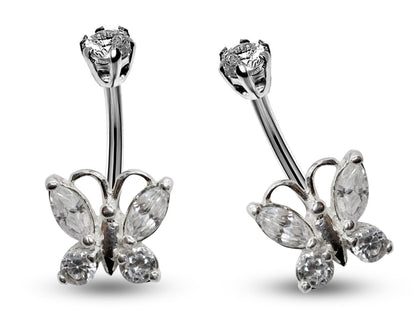 Silver Belly Bars, Navel Ring - Butterfly Belly Ring with High Quality CZ Crystals - Curved Barbell - 16g (1.6mm) Length is 8mm