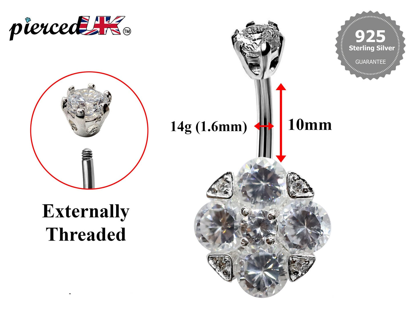 Silver Belly Bars, Belly Piercing - 4 Stones Belly Button Ring with High Quality CZ Crystals - Navel Jewelry - 16g (1.6mm) Length is 10mm