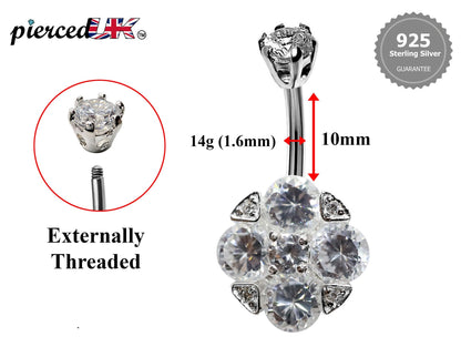 Silver Belly Bars, Belly Piercing - 4 Stones Belly Button Ring with High Quality CZ Crystals - Navel Jewelry - 16g (1.6mm) Length is 10mm