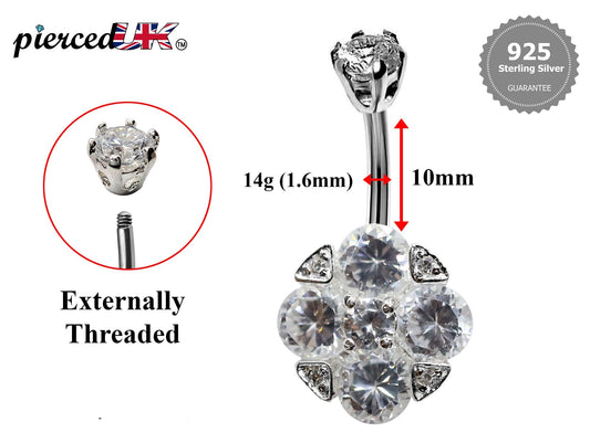 Silver Belly Bars, Belly Piercing - 4 Stones Belly Button Ring with High Quality CZ Crystals - Navel Jewelry - 16g (1.6mm) Length is 10mm