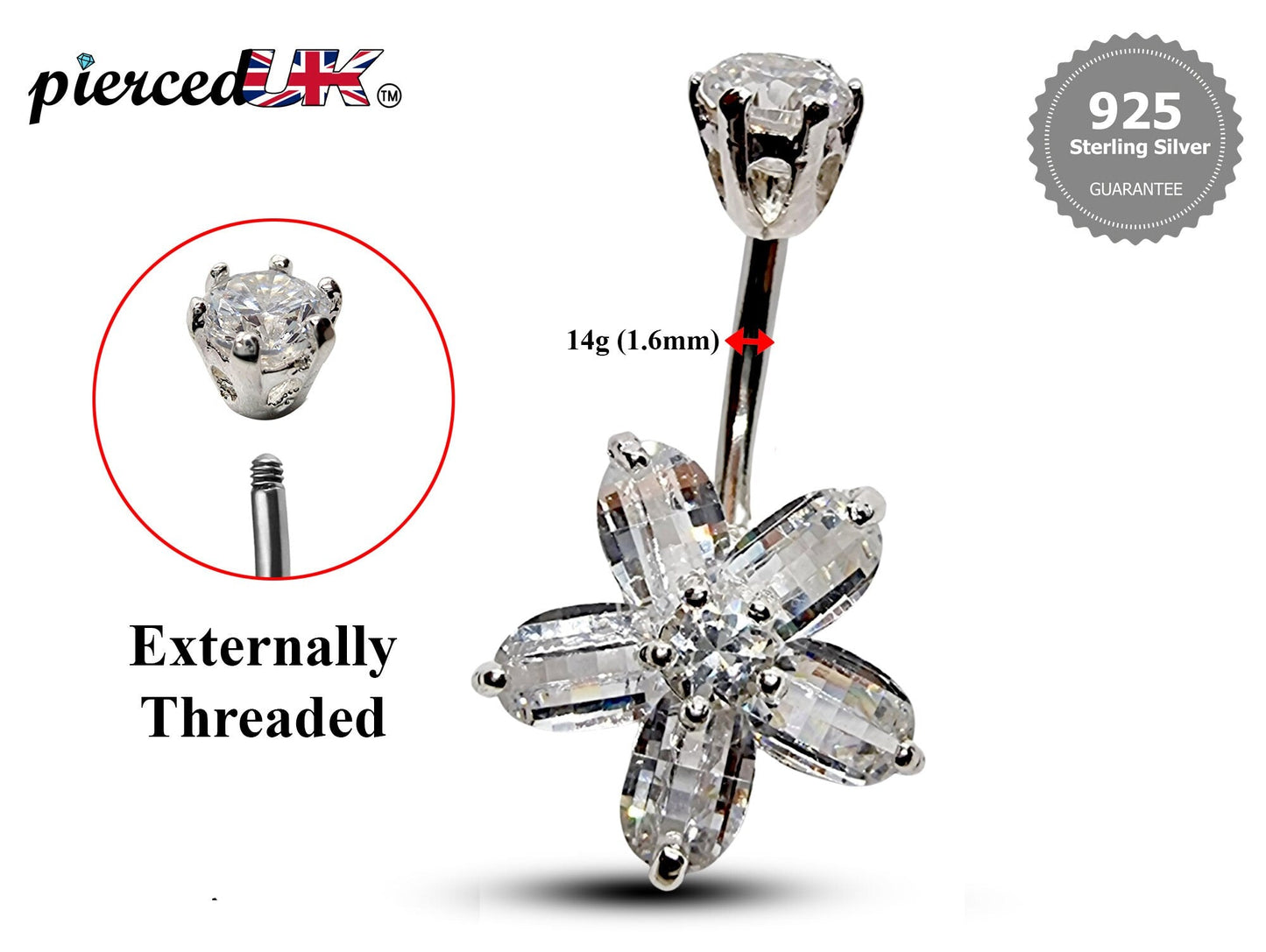 Silver Belly Bars, Navel Ring - 5 Petal Flower Belly Ring with High Quality CZ Crystals - Curved Barbell - 16g (1.6mm) Length is 10mm