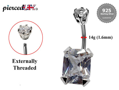 Silver Belly Bars, Navel Ring - Square Shape Belly Piercing with CZ Crystals - Navel Jewelry - 16g (1.6mm) Length 8mm to 12mm