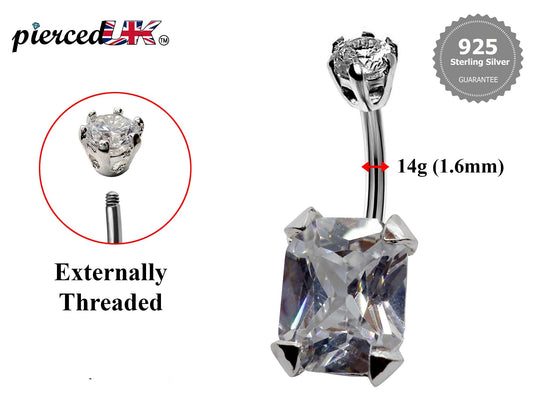 Silver Belly Bars, Navel Ring - Square Shape Belly Piercing with CZ Crystals - Navel Jewelry - 16g (1.6mm) Length 8mm to 12mm