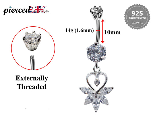 Silver Belly Button Piercing, Belly Bars - Heart Drop Belly Ring with Round Quality CZ Crystals - Navel Ring - 16g (1.6mm) Length is 10mm