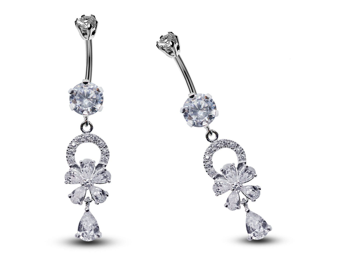Flower Belly Bars, Navel Ring - Dangle Belly Piercing Floral with CZ Crystals - Navel Jewelry - 16g (1.6mm) Length is 10mm
