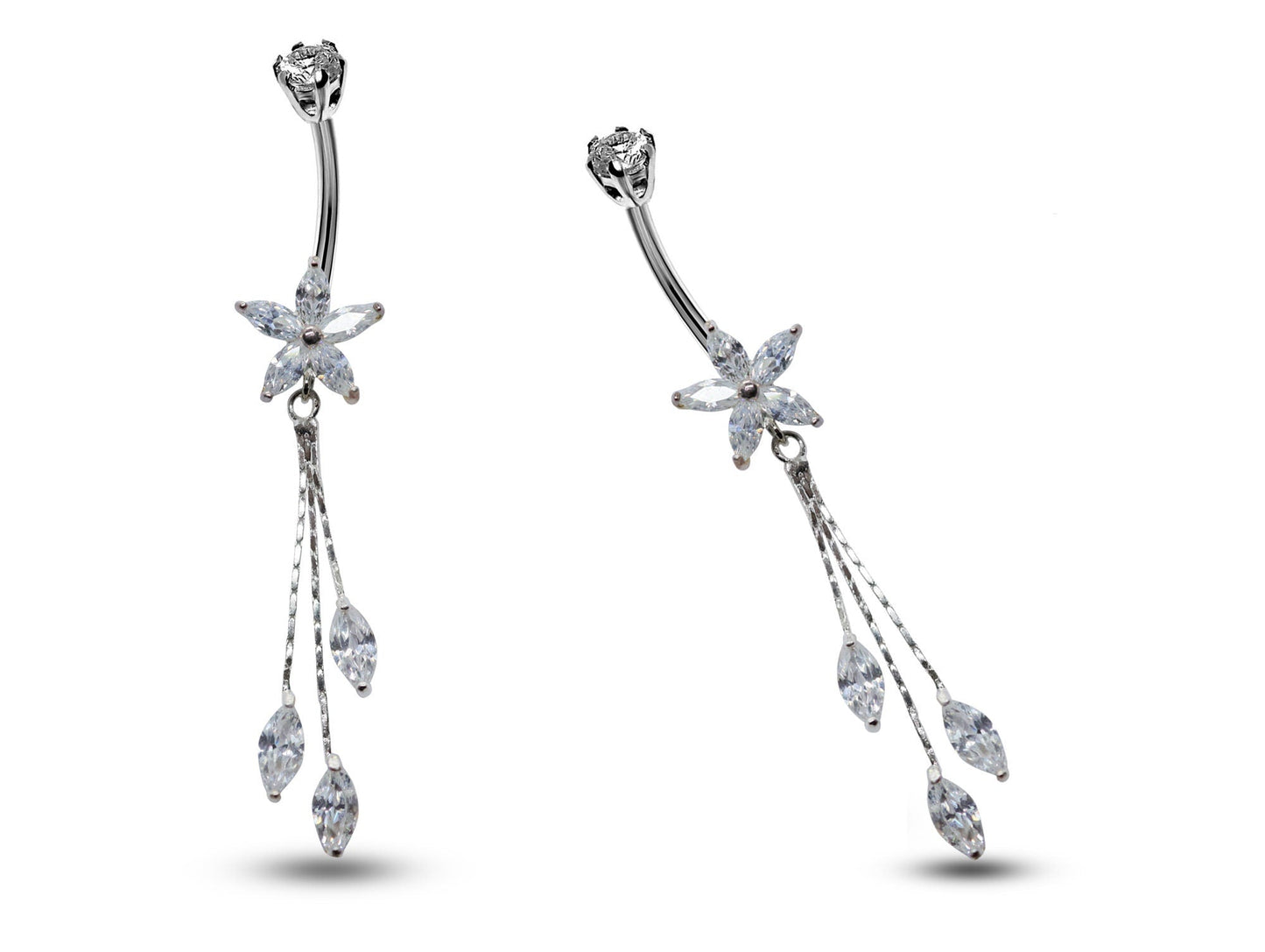 Silver Dangle Belly Bars, Navel Ring - Flower Dangle Belly Ring with Chain Drop CZ Crystals - Curved Barbell - 16g (1.6mm) Length is 8mm