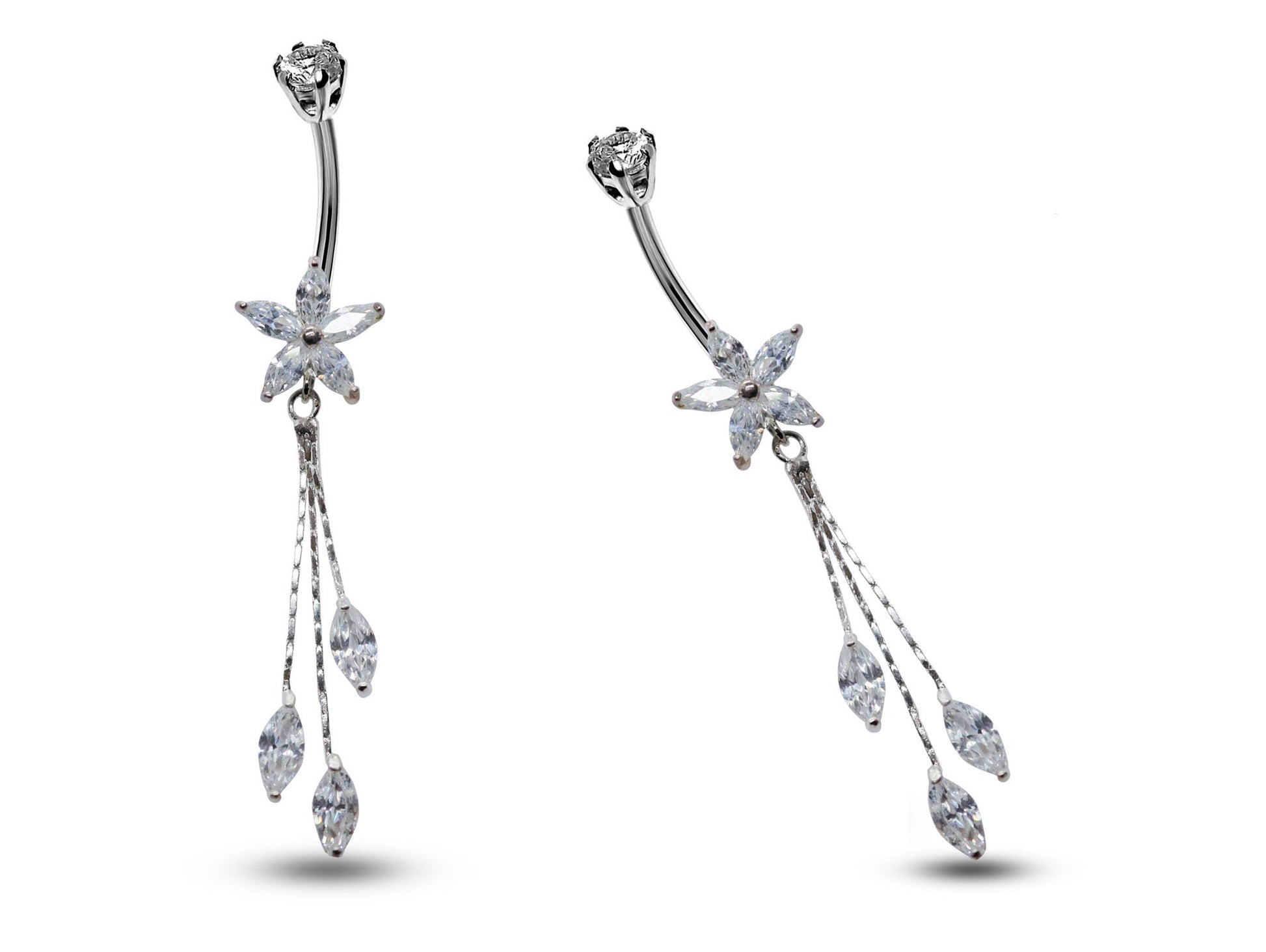 Silver Dangle Belly Bars, Navel Ring - Flower Dangle Belly Ring with Chain Drop CZ Crystals - Curved Barbell - 16g (1.6mm) Length is 8mm