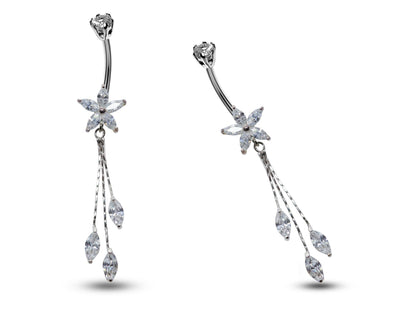 Silver Dangle Belly Bars, Navel Ring - Flower Dangle Belly Ring with Chain Drop CZ Crystals - Curved Barbell - 16g (1.6mm) Length is 8mm