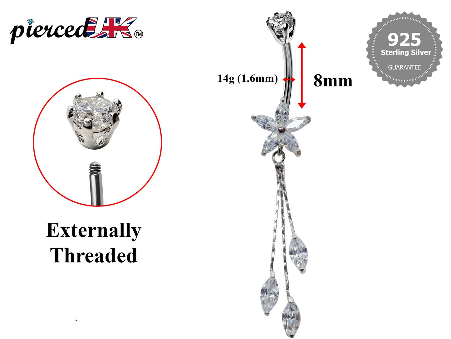 Silver Dangle Belly Bars, Navel Ring - Flower Dangle Belly Ring with Chain Drop CZ Crystals - Curved Barbell - 16g (1.6mm) Length is 8mm