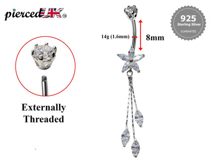 Silver Dangle Belly Bars, Navel Ring - Flower Dangle Belly Ring with Chain Drop CZ Crystals - Curved Barbell - 16g (1.6mm) Length is 8mm