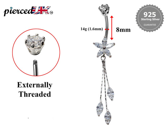 Silver Dangle Belly Bars, Navel Ring - Flower Dangle Belly Ring with Chain Drop CZ Crystals - Curved Barbell - 16g (1.6mm) Length is 8mm