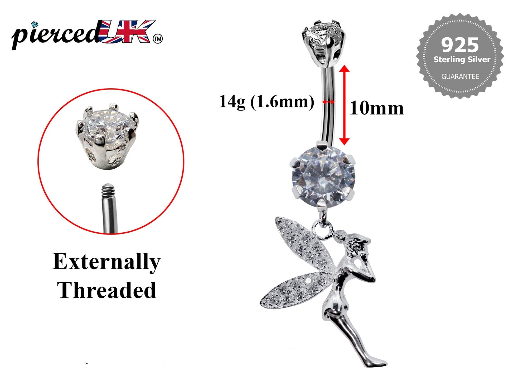 Silver Belly Button Piercing, Fairy Belly Bars - Pixie Belly Ring with Quality CZ Crystals - Navel Ring - 16g (1.6mm) Length is 10mm