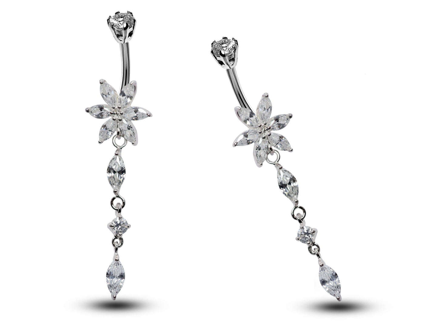 Silver Dangle Flower Belly Bars, Navel Ring - Drop Belly Ring with High Quality CZ Crystals - Curved Barbell - 16g (1.6mm) Length is 8mm