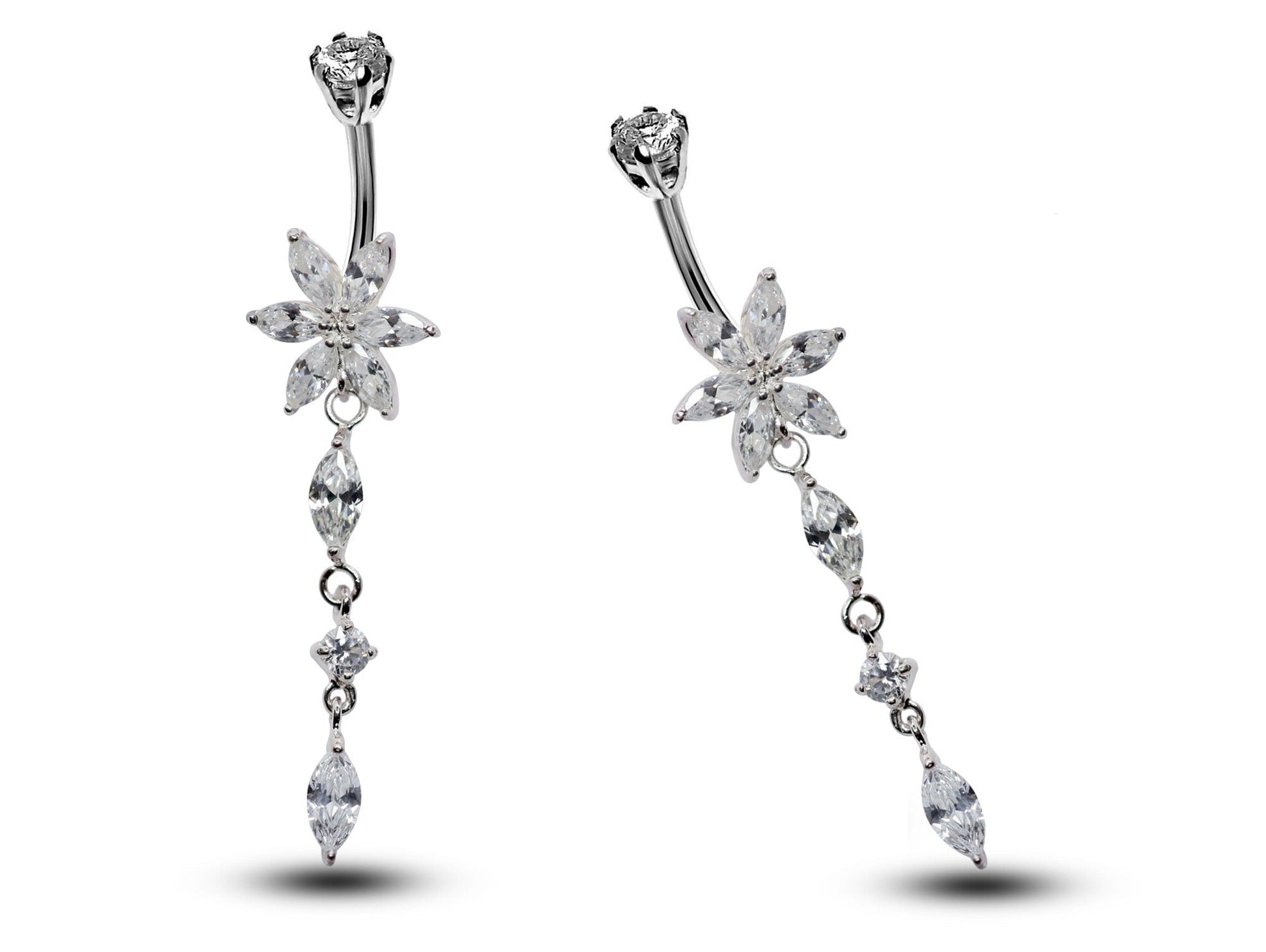 Silver Dangle Flower Belly Bars, Navel Ring - Drop Belly Ring with High Quality CZ Crystals - Curved Barbell - 16g (1.6mm) Length is 8mm