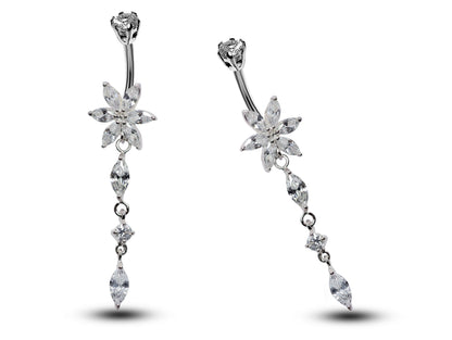 Silver Dangle Flower Belly Bars, Navel Ring - Drop Belly Ring with High Quality CZ Crystals - Curved Barbell - 16g (1.6mm) Length is 8mm