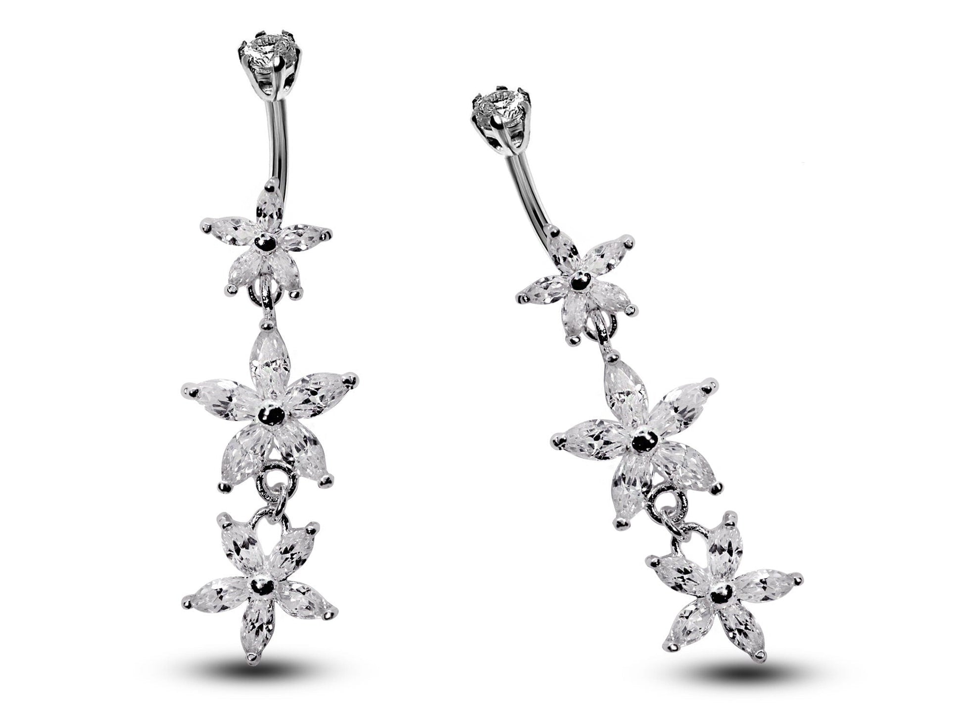 Silver Belly Button Piercing, Belly Bars - Triple dangle Flower Belly Ring with High Quality CZ Crystals Navel Ring 16g (1.6mm) Length 10mm