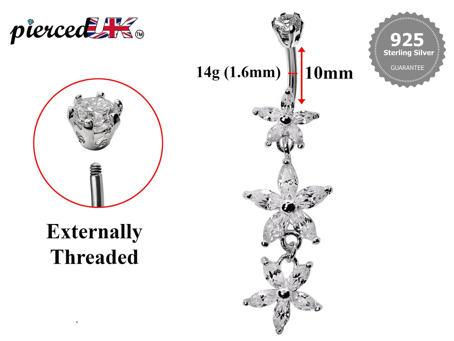 Silver Belly Button Piercing, Belly Bars - Triple dangle Flower Belly Ring with High Quality CZ Crystals Navel Ring 16g (1.6mm) Length 10mm