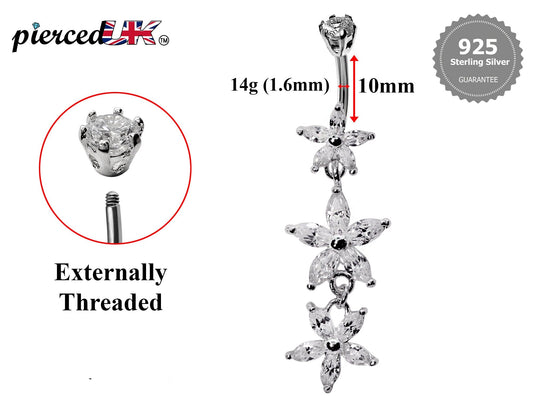Silver Belly Button Piercing, Belly Bars - Triple dangle Flower Belly Ring with High Quality CZ Crystals Navel Ring 16g (1.6mm) Length 10mm
