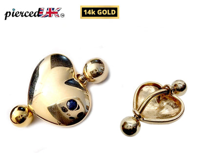 14K Gold Heart Belly Rings- Solid Gold Belly Button Ring with Gem Stone - 14g Belly Ring - Finest Quality Gold Body Piercing Jewelry