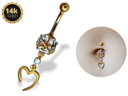 Belly Button Ring Dangle Open Heart Shape with Crystal Belly Ring - Belly Bar made of 14K Gold Fine Jewelry Hand Set and Hand Polished