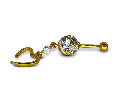 Belly Button Ring Dangle Open Heart Shape with Crystal Belly Ring - Belly Bar made of 14K Gold Fine Jewelry Hand Set and Hand Polished