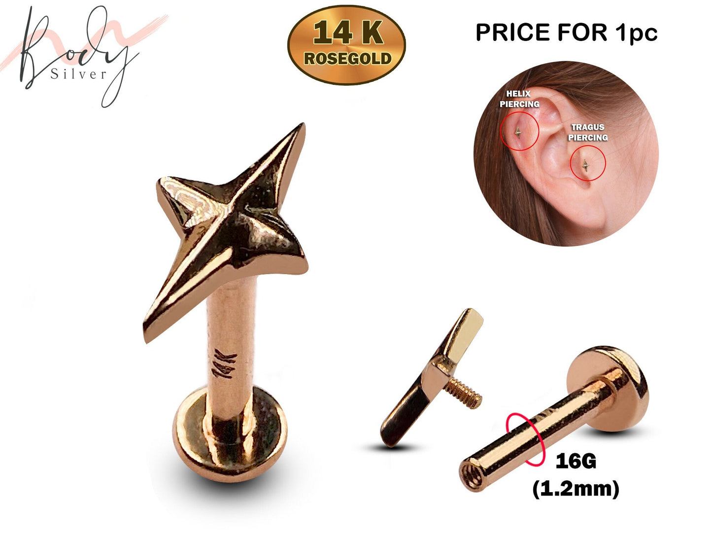 14K Rose Gold Spark Tragus Jewelry, Labret Piercing Ear Cartilage Studs - 16G Internally Threading Body Jewellery Ear Piercing