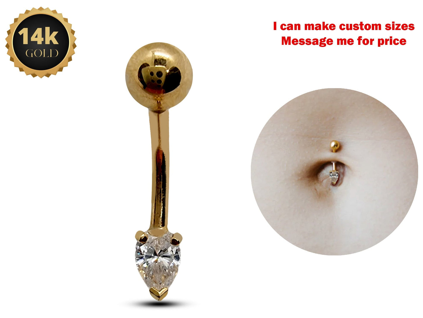 14K Solid Gold Tear Drop Belly Button Ring with Crystal Belly- Hand Made 14K Gold Belly Bar for that very special Person
