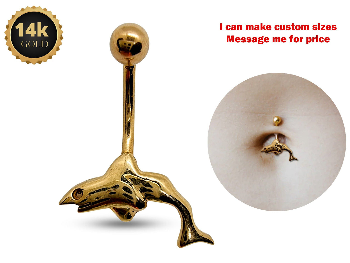 14K Gold Shark Belly Button Ring - Set and Hand Polished - Hand Made 14K Solid Gold Belly Bar for that very special Person