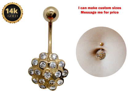 14K Solid Gold Belly Button Ring Flower - Studded with Crystal Belly Ring - Hand Made 14K Gold Belly Bar for that very special Person
