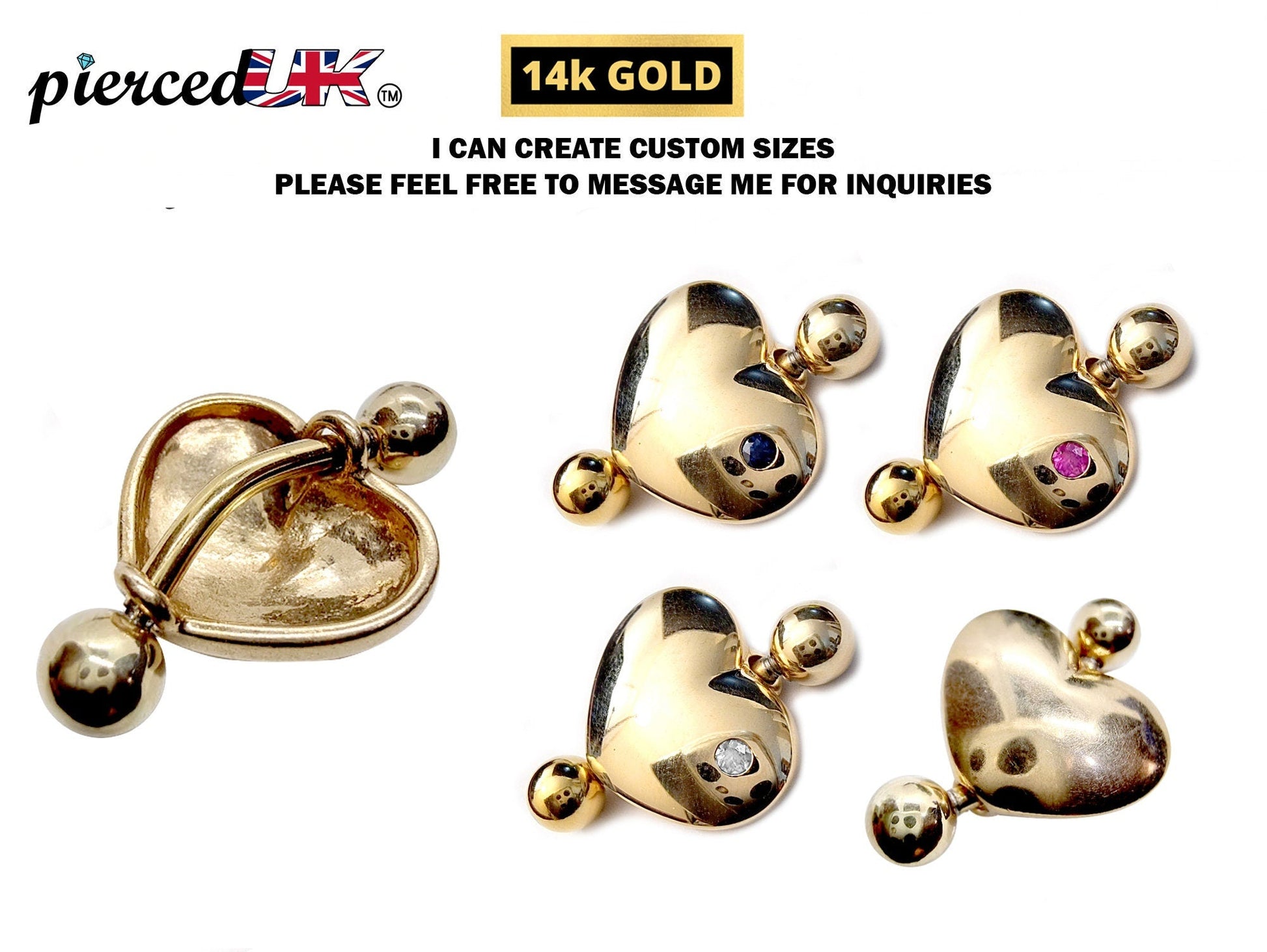 14K Gold Heart Belly Rings- Solid Gold Belly Button Ring with Gem Stone - 14g Belly Ring - Finest Quality Gold Body Piercing Jewelry