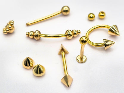 14K Real Gold 4 Side Pyramid Cone Barbell Piercing, Nipple Jewelry, Barbell Earrings - 14G Body Jewellery Straight Barbell Stud