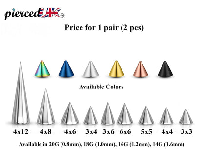 Surgical Steel Spike & Cone Piercing Parts: 16g/14g Barbell Attachment