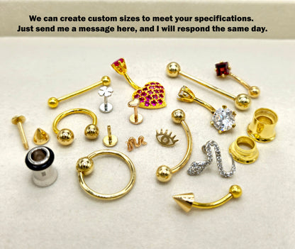 14K Solid Gold Eyebrow Barbell with Gemstones: 18G 16G 14G Curved Piercing Jewelry