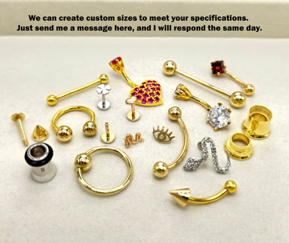 14K Gold Flat top Cylinder Internal Threaded Curved Barbell Piercing for Eyebrow, Belly, Daith, Vertical Lip Bar 16G 14G Body Jewellery