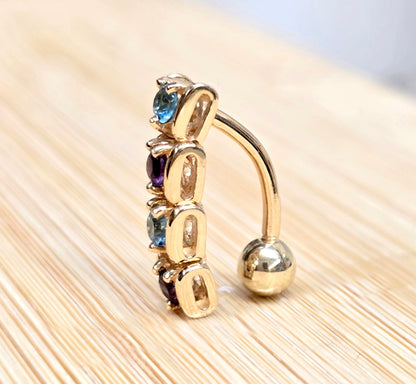 Solid 14K Gold Belly Button Ring - 14K Gold Inverted Belly Ring, Belly Bar, Navel Jewellery with Moving joints parts and Precious Stones