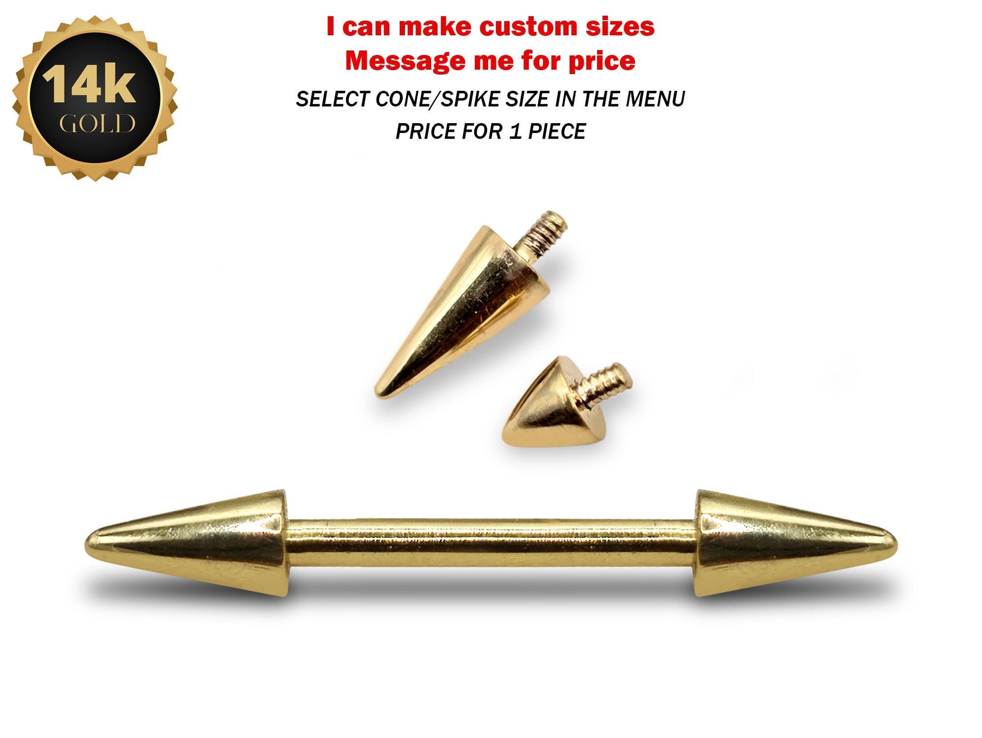 14K Solid Gold Internal Threaded Nipple Bar, Cone/Spike Barbell Piercing, Nose Bridge Barbell, Barbell Earrings