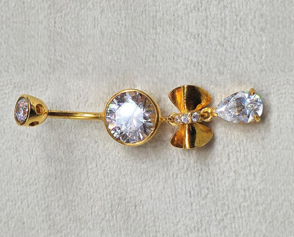 14K Gold Dangle Bow Belly Ring, 14G Crystal Belly Ring Length 10mm - Hand Made Body Jewellery Piercings