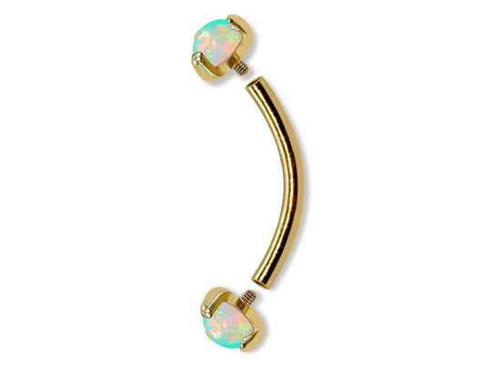 14K Gold Internal Curved Barbell with Prong Set Opal Stone, Eyebrow Piercing, Cartilage Stud, Belly Ring - 16G Body Jewellery Gold Bent Bar