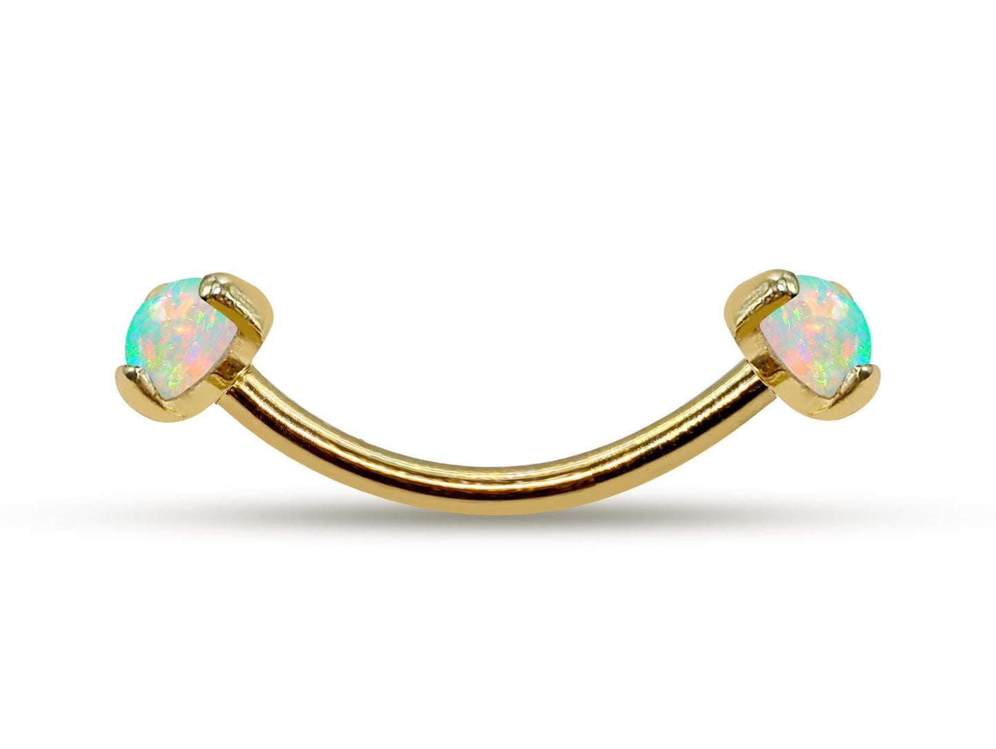14K Gold Internal Curved Barbell with Prong Set Opal Stone, Eyebrow Piercing, Cartilage Stud, Belly Ring - 16G Body Jewellery Gold Bent Bar