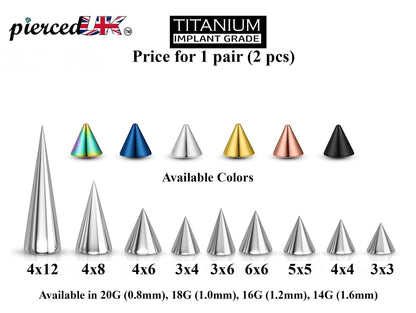 Titanium Spike Piercing: 16g/14g Cone Replacement Parts (Pair)