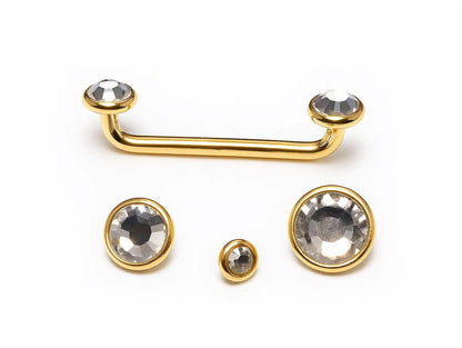 14K Gold Surface Barbell Dermal Staple Piercing Internally Threaded 16G 14G Body Jewellery with Gem Crystals - Sold in 1pc