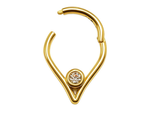 14K Gold 16G V-shape Nose Clicker Septum Ring, Daith, Conch, Helix hoop Body Jewellery Piercing with Gem Crystal - Diameter size 8mm