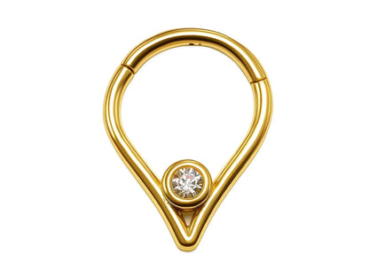 14K Gold 16G V-shape Nose Clicker Septum Ring, Daith, Conch, Helix hoop Body Jewellery Piercing with Gem Crystal - Diameter size 8mm
