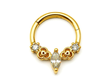 14K Gold 16G Unique Style Clicker Ring for Nose Septum, Daith Hoops Body Jewellery Piercing with Gem Crystal Hand Set - Diameter size 8mm