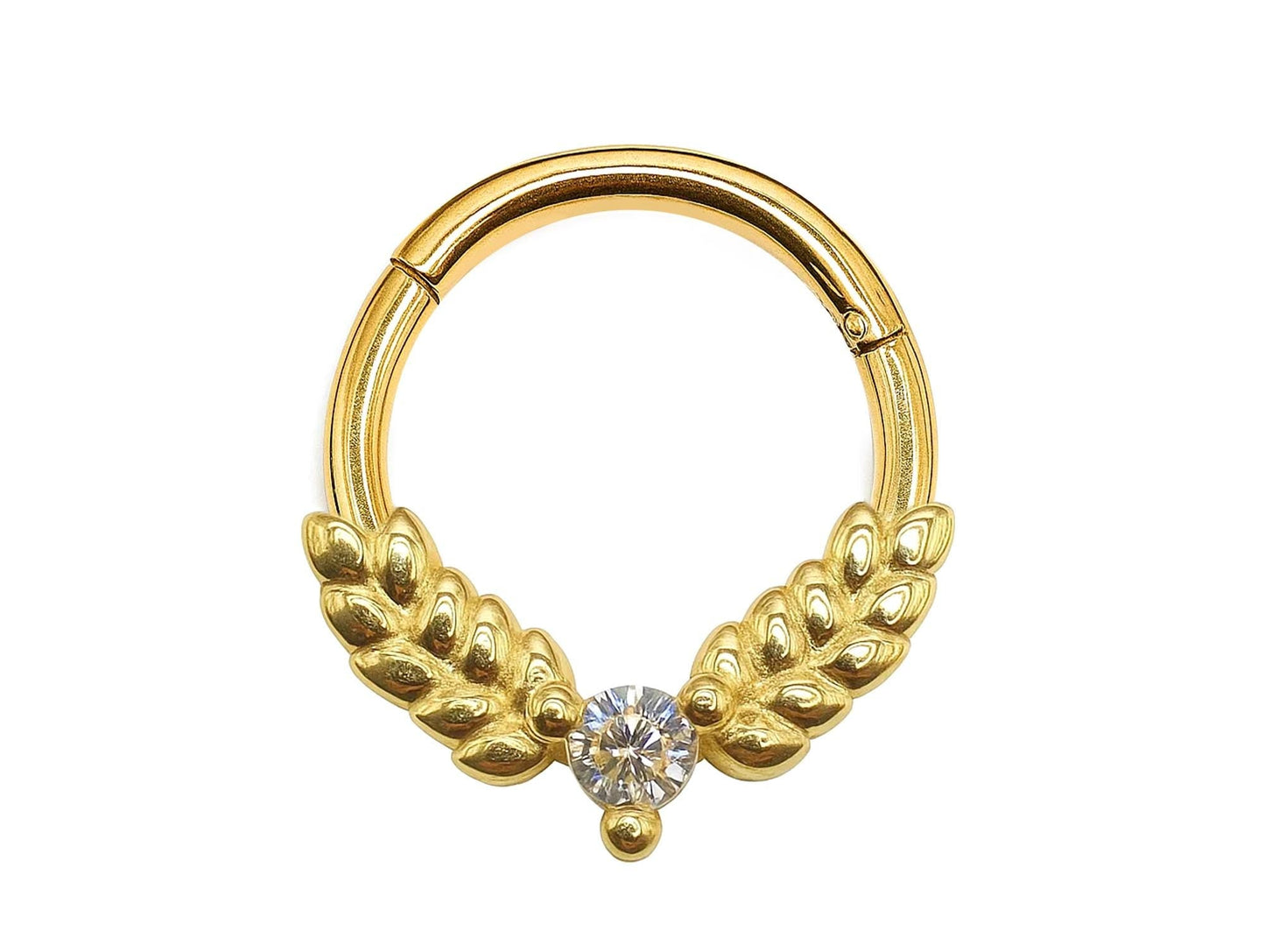14K Gold 16G Olive Leaves Septum Clicker Ring, Daith Hoops, Helix Body Jewellery Segment Hinged Ring with Gem Crystal - Diameter size 8mm