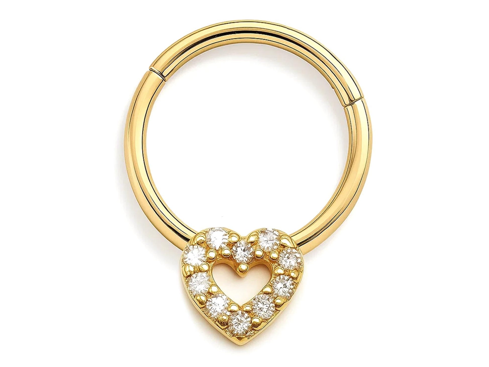 14K Gold Heart Charm Clicker hoop ring for Septum, Daith, Cartilage 16G Body Jewellery Segment Hinged Ring with Gemstone - Diameter size 8mm