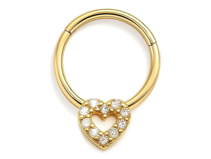14K Gold Heart Charm Clicker hoop ring for Septum, Daith, Cartilage 16G Body Jewellery Segment Hinged Ring with Gemstone - Diameter size 8mm