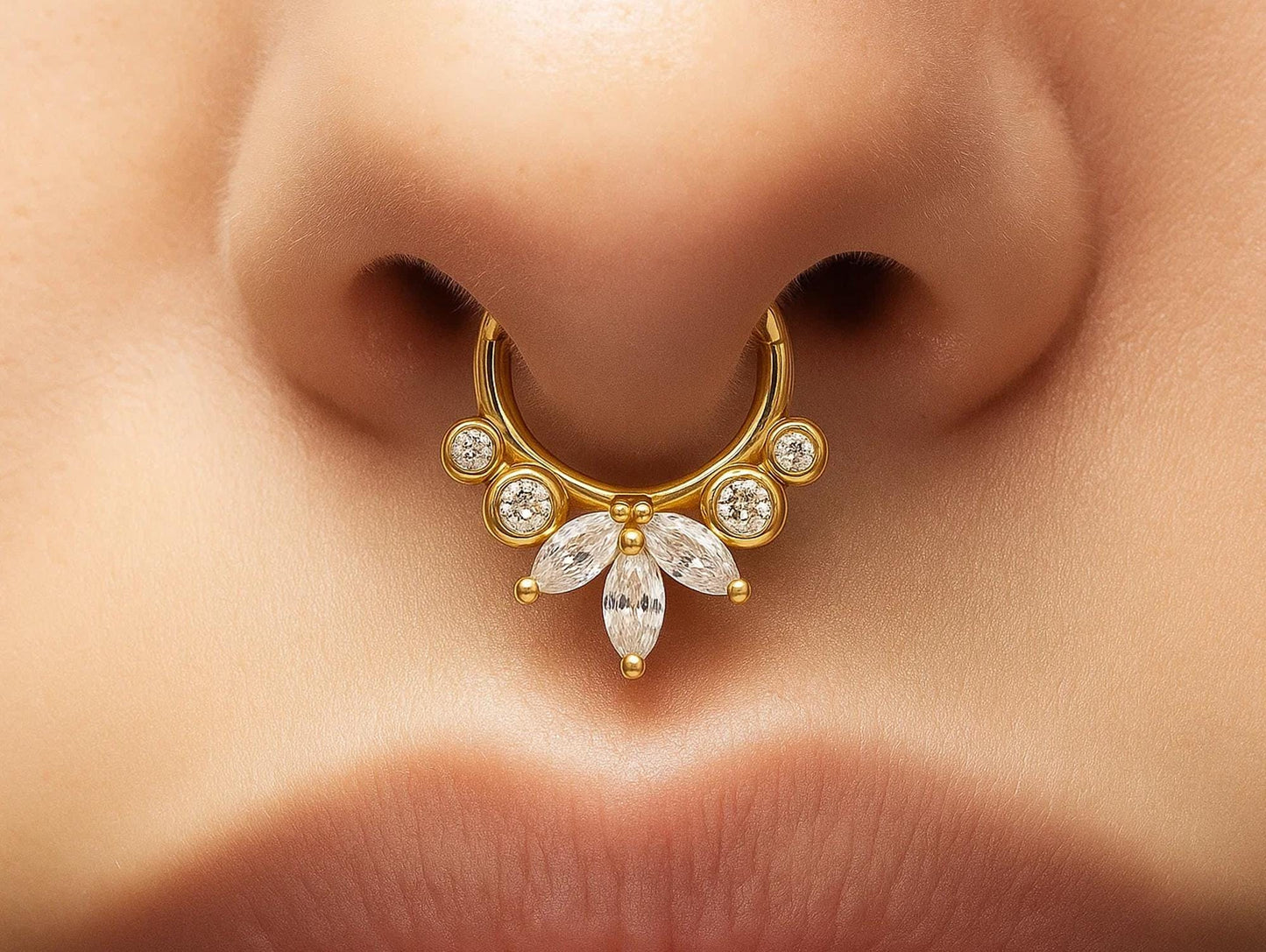 Elegant 14K Gold Clicker Nose Ring Septum, Daith Hoop, tragus, helix cartilage 16G Body Jewellery with Gemstones - Inner Diameter size 8mm