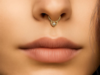 14K Gold Heart Daith Clicker Ring, Septum Nose Hoops, Tragus, Helix 16G Body Jewellery with Gemstones - Inner Diameter size 8mm