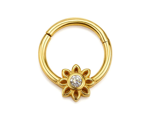 14K Gold Sun Clicker Ring Hoops for Nose Septum, Daith cartilage 16G Segment Hinged with Gemstones - Inner Diameter size 8mm